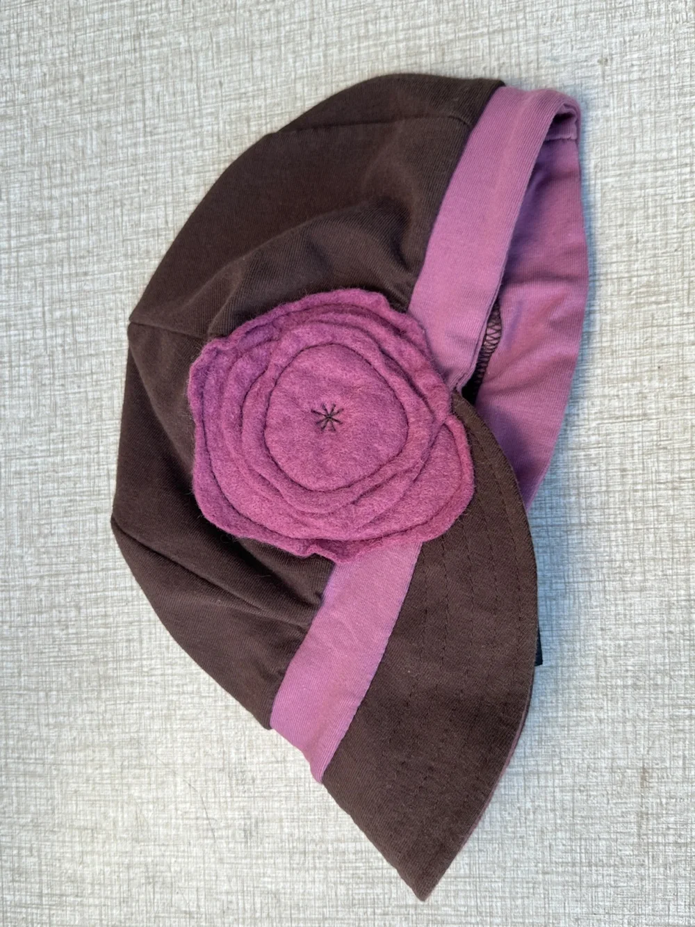 Brown & pink organic cotton blend stretch baseball style cap hat + flower accent